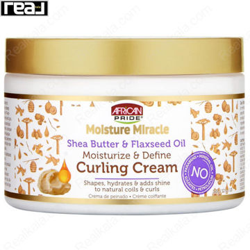 نمای جلوی کرم حالت‌دهنده و تقویت‌کننده فر آفریکن پراید Moisture Miracle Shea Butter & Flaxseed Oil با تأکید بر فرمول بدون پارابن، سولفات و مواد معدنی