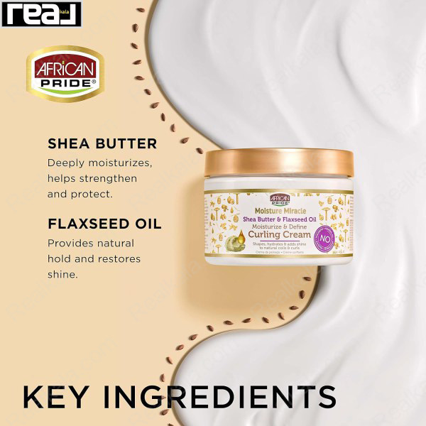 معرفی مواد مؤثره اصلی کرم حالت‌دهنده آفریکن پراید Moisture Miracle شامل شی باتر برای آبرسانی عمیق و روغن بذر کتان برای تقویت و افزایش درخشندگی همراه با تصویر محصول