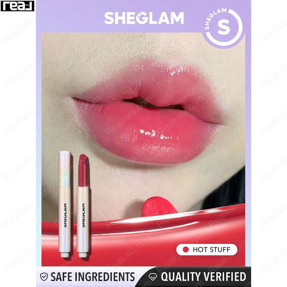 تست رنگ لیپ پلامپر SHEGLAM مدل Hot Stuff روی لب با جلوه صورتی تند براق