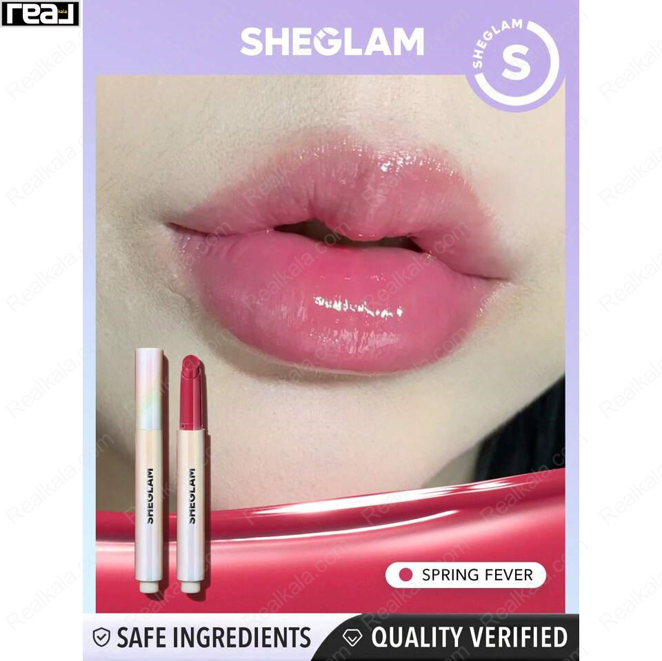 تست رنگ لیپ پلامپر SHEGLAM مدل Spring Fever روی لب با جلوه صورتی براق