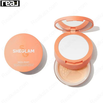 پودر دوکاره تثبیت کننده SHEGLAM مدل Insta-Ready رنگ Natural Linen با طراحی نارنجی و دو طبقه
