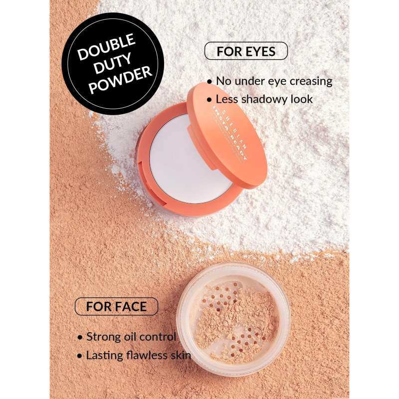 نمایش کاربرد پودر SHEGLAM برای زیر چشم بدون چروک و صورت با کنترل چربی و جلوه مات