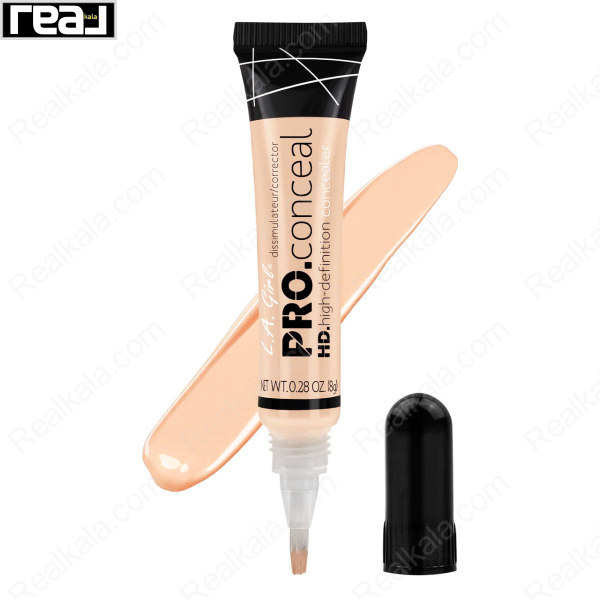 کانسیلر ال‌ای گرل PRO.Conceal HD مدل GC969 Porcelain با تیوب کرم روشن، اپلیکاتور براشی، درب مشکی جداشده و نمونه بافت کرمی