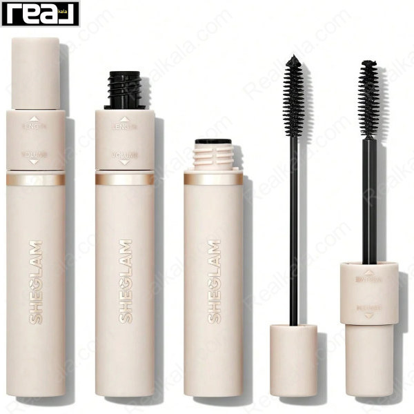 ریمل دو سر SHEGLAM با طراحی بژ، شامل برس حجم دهنده و برس بلند کننده، مناسب برای انواع مژه ها