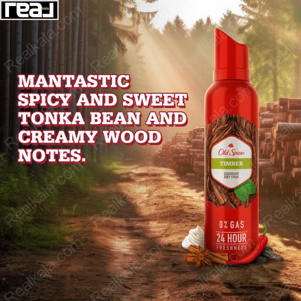 نمایش رایحه ادویه‌ای، تونکا بین شیرین و نت‌های چوبی کرمی اسپری بدن Old Spice Timber مدل بدون گاز در محیط جنگلی