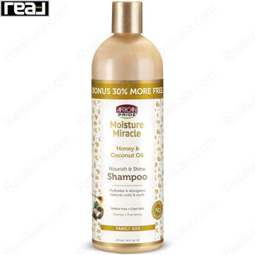نمای جلوی بطری شامپو آفریکن پراید Moisture Miracle Honey & Coconut Oil با فرمول آبرسان و تقویت‌کننده مناسب موهای فر و طبیعی