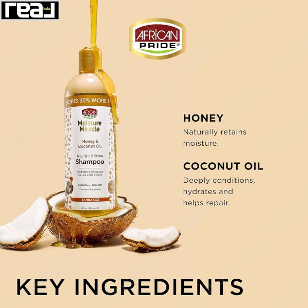 معرفی مواد مؤثره شامپو آفریکن پراید Moisture Miracle حاوی عسل برای حفظ رطوبت و روغن نارگیل برای تغذیه و تقویت مو همراه با نمایش بطری محصول