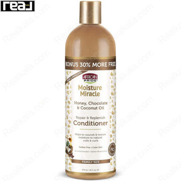 نمای جلوی بطری نرم‌کننده آفریکن پراید Moisture Miracle حاوی عسل، شکلات و روغن نارگیل با فرمول ترمیم و آبرسان مناسب موهای فر و طبیعی