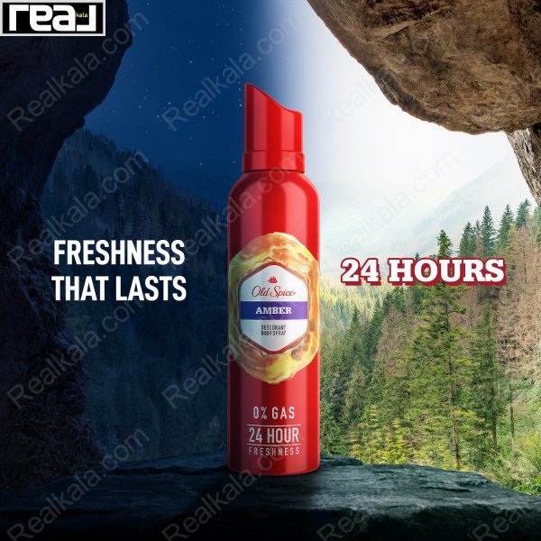 اسپری دئودورانت بدن Old Spice Amber بدون گاز با ماندگاری 24 ساعته و رایحه گرم میوه‌ای در پس‌زمینه طبیعت و جنگل