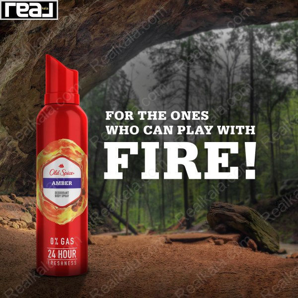 اسپری دئودورانت بدن Old Spice Amber بدون گاز با ماندگاری 24 ساعته و رایحه گرم و میوه‌ای در فضای جنگلی