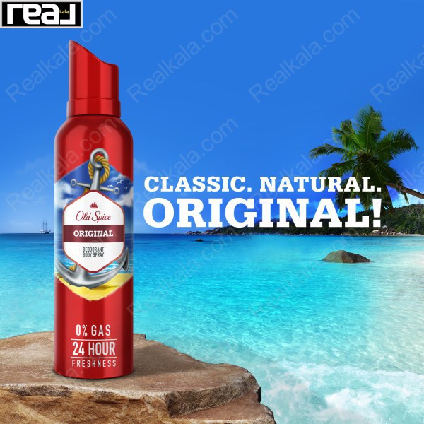 اسپری دئودورانت بدن Old Spice Original بدون گاز با رایحه کلاسیک مردانه و ماندگاری 24 ساعته در فضای ساحلی