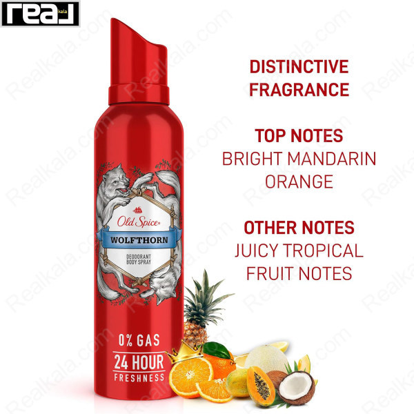 نت‌های بویایی اسپری بدن Old Spice Wolfthorn شامل پرتقال ماندارین و میوه‌های استوایی آبدار