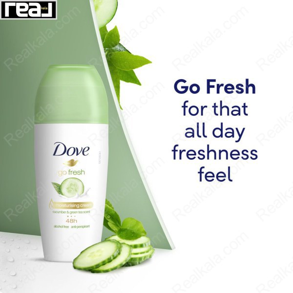بنر تبلیغاتی مام رول ضدتعریق داو Go Fresh مدل Cucumber & Green Tea با پیام طراوت تمام‌روز و محافظت ۴۸ ساعته