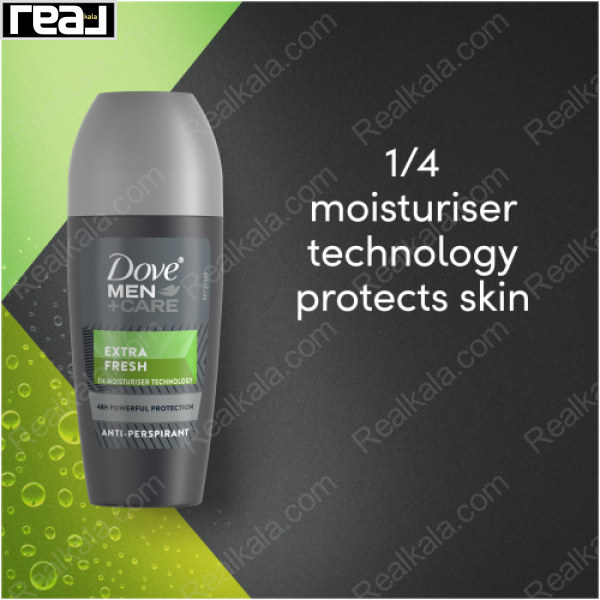 بنر تبلیغاتی مام رول ضدتعریق داو Men+Care Extra Fresh با تاکید بر فناوری مرطوب‌کننده ۱/۴ برای محافظت از پوست