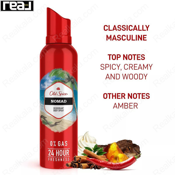 معرفی نت‌های بویایی اسپری دئودورانت بدن Old Spice Nomad شامل رایحه ادویه‌ای، چوبی کرمی و کهربا با فناوری 0 درصد گاز و ماندگاری 24 ساعته