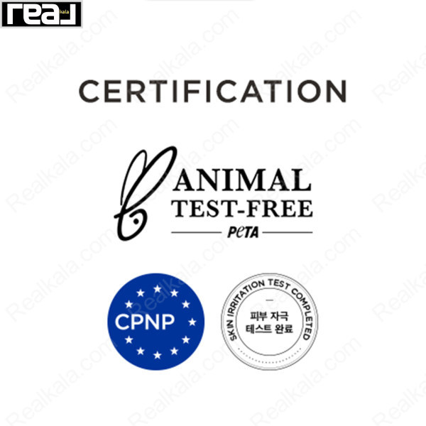نشان‌های تأییدیه محصول شامل Animal Test‑Free PETA، ثبت CPNP اروپا و تست عدم تحریک پوست