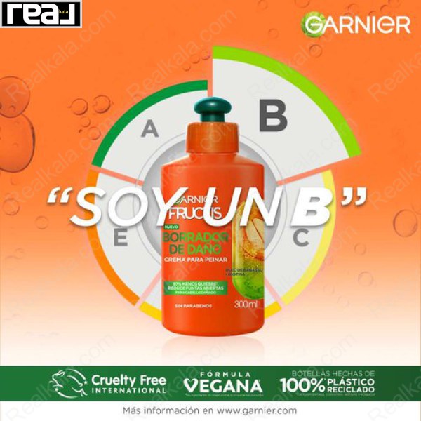 Garnier Fructis Borrador de Daño – گرافیک تبلیغاتی با درجه‌بندی محصول و فرمول وگان برای موهای آسیب‌دیده