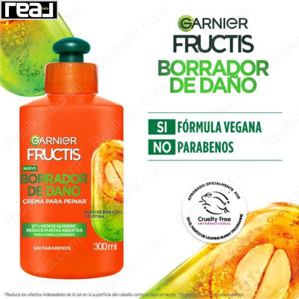 Garnier Fructis Borrador de Daño – گرافیک تبلیغاتی کرم حالت‌دهنده برای موهای آسیب‌دیده با روغن باباسو و بیوتین و کاهش شکستگی