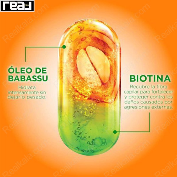 Garnier Fructis Borrador de Daño – گرافیک ترکیبات شامل روغن باباسو برای آبرسانی و بیوتین برای تقویت مو