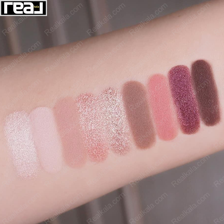 سواچ رنگ‌های پالت سایه Essence The Rose Edition روی پوست دست شامل طیف صورتی، نود و قهوه‌ای با جلوه مات و شاین