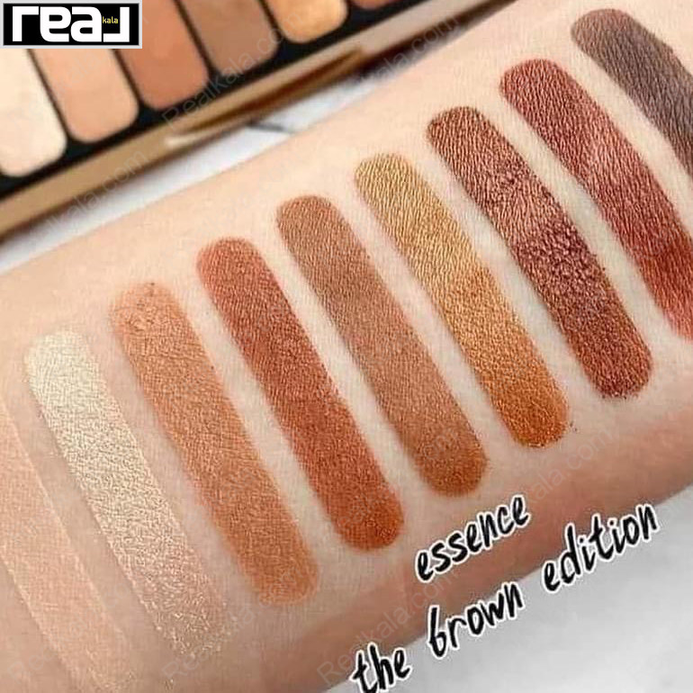 نمایش سواچ کامل پالت سایه Essence Brown Edition با رنگ‌های قهوه‌ای، طلایی و برنزی مناسب آرایش گرم و روزانه