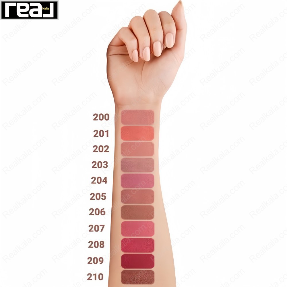 تصویر تست رنگ رژ لب مدادی Deep Romance شماره ۲۰۰ تا ۲۱۰ روی ساعد، شامل رنگهای هلویی، صورتی، آجری، کالباسی، بنفش و قرمز با تنوع ته‌ مایه