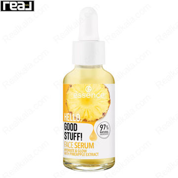نمای روبروی سرم صورت Essence مدل Hello Good Stuff با عصاره آناناس و بطری قطره چکان شفاف