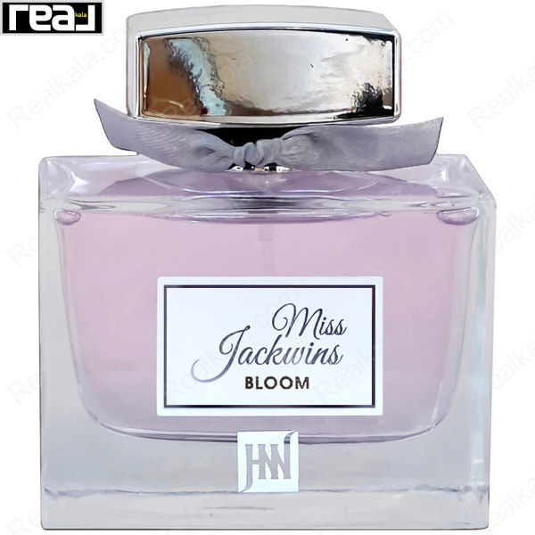 ادکلن جکوینز میس بلوم زنانه با شیشه شفاف، مایع صورتی روشن و روبان خاکستری