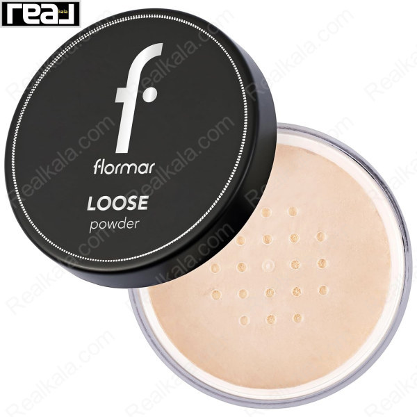 پودر فیکس شل Flormar Loose Powder 02 Light Sand با درب مشکی و پودر روشن داخل ظرف