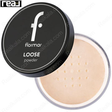 پودر فیکس شل Flormar Loose Powder 02 Light Sand با درب مشکی و پودر روشن داخل ظرف