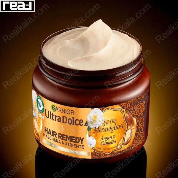 بافت کرمی ماسک مو اولترا دولچه گارنیر با روغن آرگان و کاملیا، مناسب موهای خشک و آسیب‌دیده