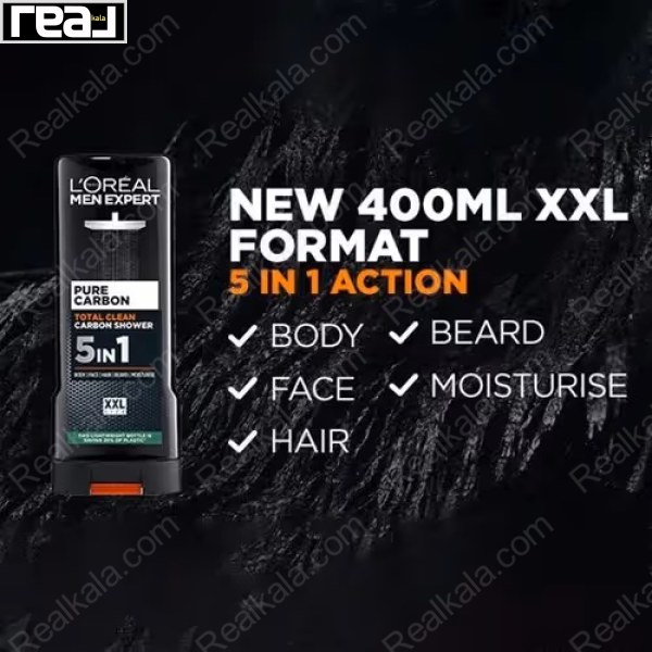 ژل دوش مردانه 5 در 1 لورال مدل پیور کربن Loreal Pure Carbon Total Clean Carbon Shower 400ml