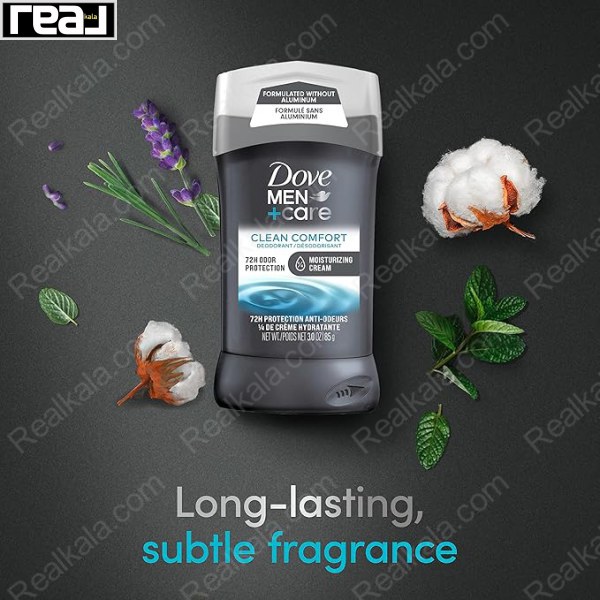 بنر تبلیغاتی دئودورانت داو Men+Care Clean Comfort بدون آلومینیوم در کنار عناصر گیاهی با تاکید بر رایحه ملایم و ماندگار