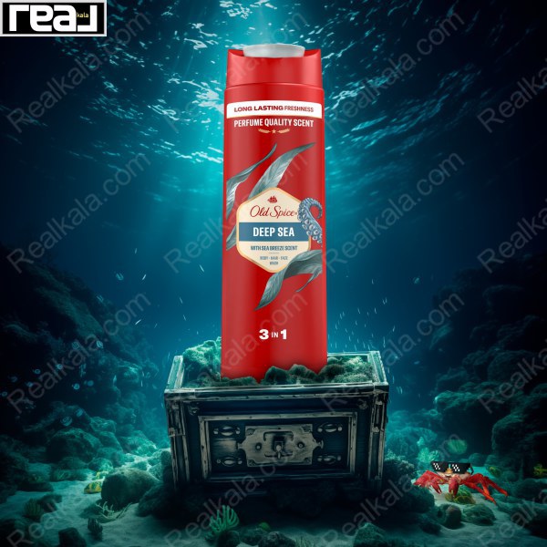 بطری شامپو بدن مردانه Old Spice Deep Sea مدل 3 در 1 مناسب مو صورت و بدن با رایحه خنک دریایی