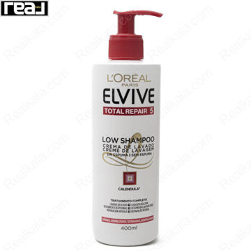 بطری شامپو لورآل الویو Total Repair 5 Low سفید با پمپ، مخصوص موهای آسیب‌ دیده