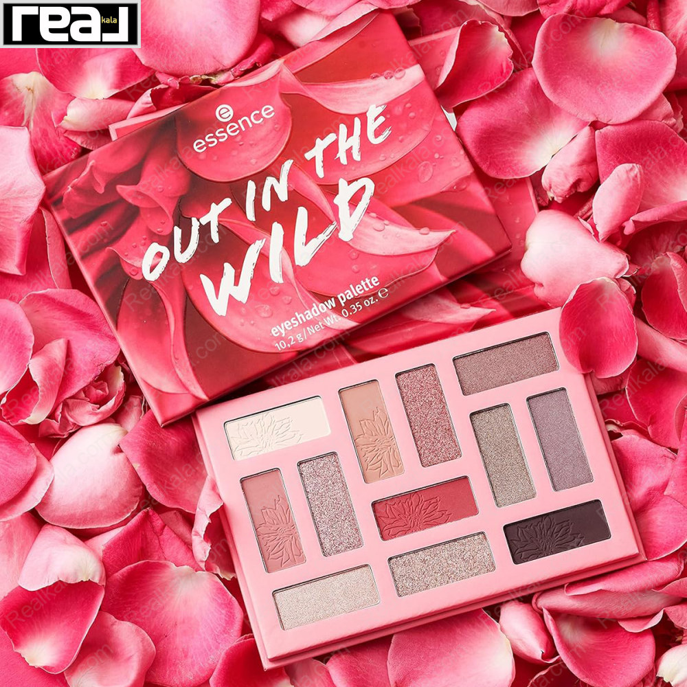 پالت سایه Essence مدل Out In The Wild با 12 رنگ مات و براق در طیف صورتی و نود مناسب آرایش چشم روزانه و مجلسی