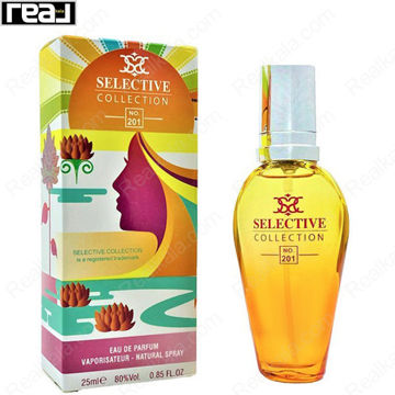 بطری و جعبه ادکلن سلکتیو کالکشن کد 201 زنانه تاج سانست با طراحی رنگارنگ و تم گرمسیری