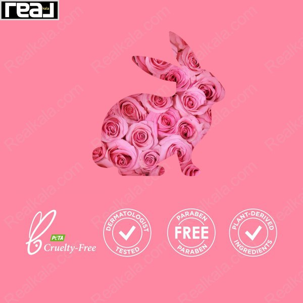 نمادهای Cruelty-Free، Dermatologist-Tested، Paraben-Free و ترکیبات گیاهی روی زمینه صورتی