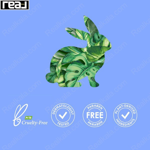 نمادهای Cruelty-Free، Dermatologist-Tested، Paraben-Free و ترکیبات گیاهی روی زمینه آبی