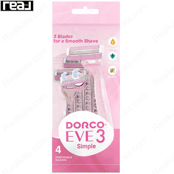 خودتراش یک‌بارمصرف دورکو Eve 3 Simple با 3 تیغه، دسته صورتی و بسته 4 عددی