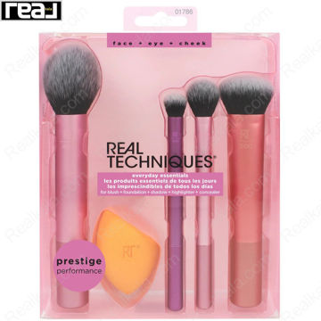 بسته‌بندی ست آرایشی Real Techniques Everyday Essentials شامل چهار براش آرایشی و اسفنج Miracle Complexion برای فاندیشن، رژگونه، پودر فیکس و سایه چشم