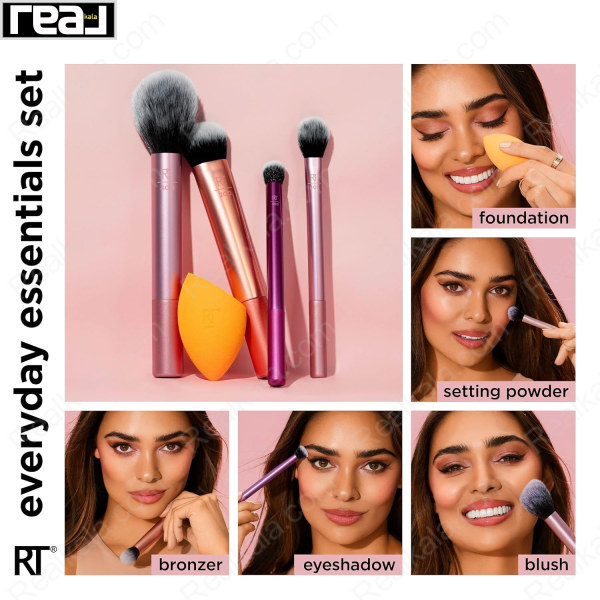 ابزارهای ست Real Techniques Everyday Essentials شامل براش‌های فاندیشن، رژگونه، ستینگ، سایه چشم و اسفنج آرایشی نارنجی