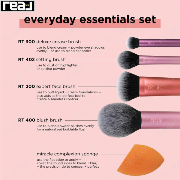 معرفی ابزارهای داخل ست Real Techniques Everyday Essentials شامل RT300 Deluxe Crease، RT402 Setting، RT200 Expert Face، RT400 Blush و اسفنج Miracle Complexion