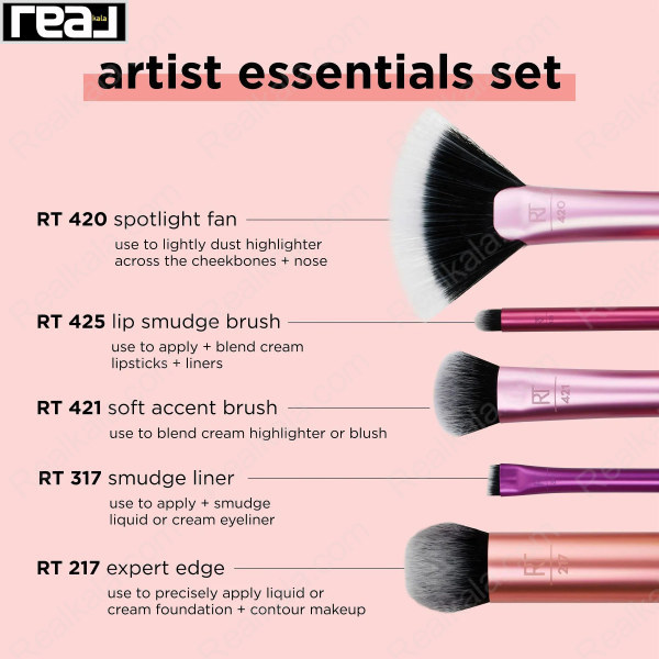 تصویر معرفی براش‌های ست Real Techniques Artist Essentials شامل RT420 فن هایلایتر، RT425 لب، RT421 هایلایتر و رژگونه، RT317 خط چشم و RT217 فاندیشن