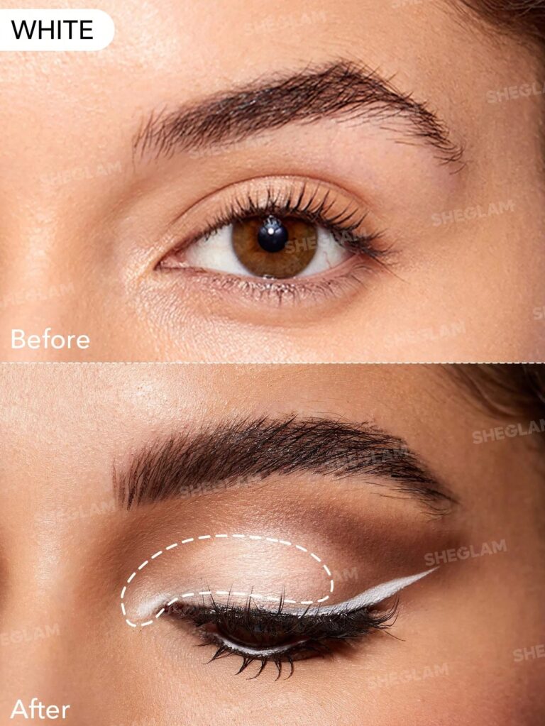 تست عملکرد خط چشم ژلی سفید Sheglam مدل Intensify روی چشم با طراحی گرافیکی و خط سفید بالای مژه