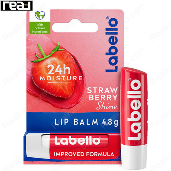 بسته‌بندی کامل بالم لب Labello مدل Strawberry Shine با تصویر توت‌فرنگی