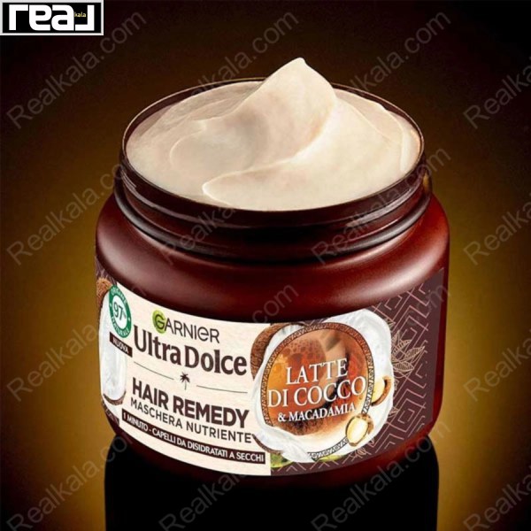 Garnier Fructis Ultra Dolce – ماسک مو با شیر نارگیل و روغن ماکادمیا درب باز، بافت کرم و غلظت محصول