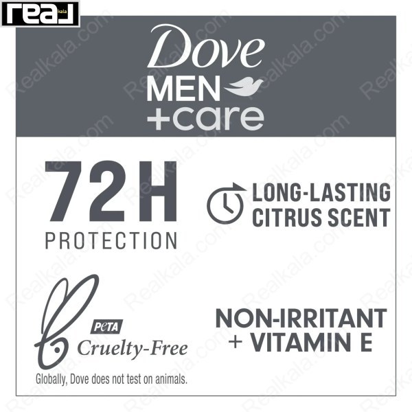 کادر اطلاعات داو Men+Care با اشاره به محافظت ۷۲ ساعته، رایحه مرکبات، غیرتحریک‌کننده و ویتامین E و نشان Cruelty-Free