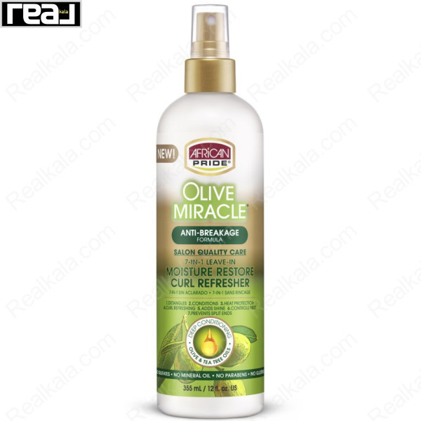 نمای جلوی اسپری African Pride Olive Miracle Curl Refresher با فرمول ضدشکنندگی و آبرسان