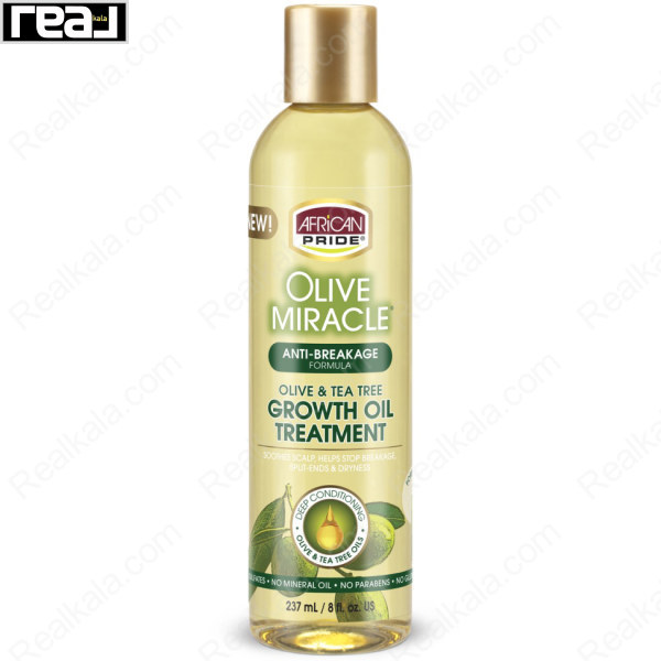 نمای جلوی روغن تقویت‌کننده رشد مو آفریکن پراید Olive & Tea Tree Growth Oil Treatment با فرمول ضدشکنندگی